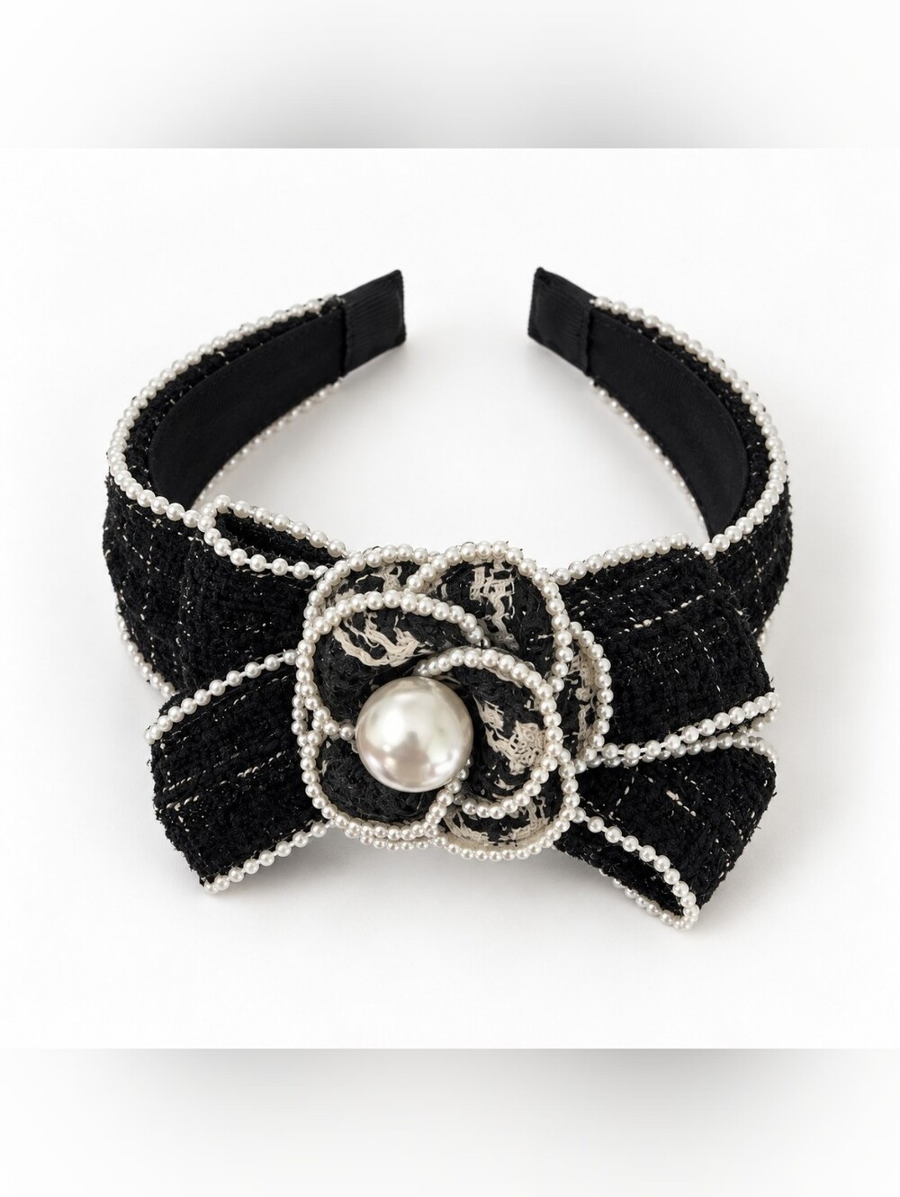 Black Tweed Pearl Flower Statement Headband